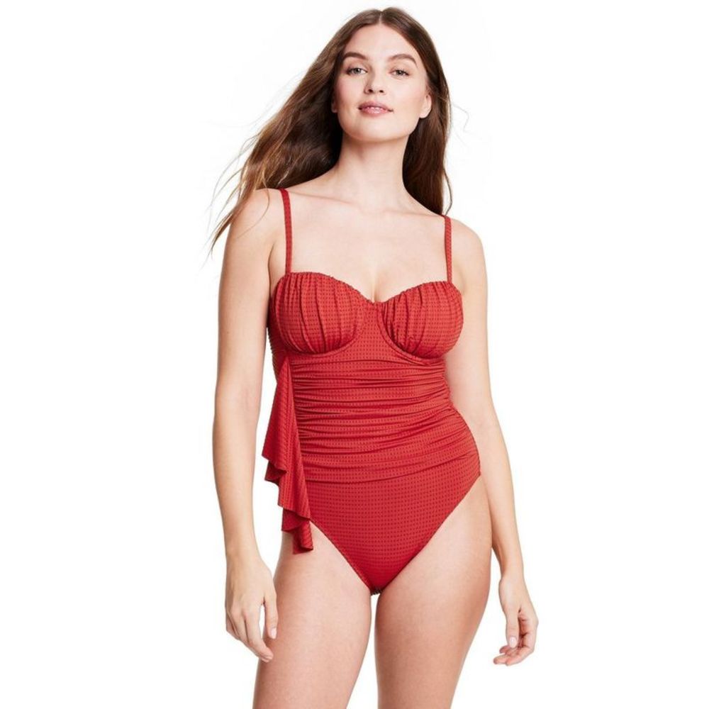 Red Textured One-Piece Swimsuit with Ruffle Detail